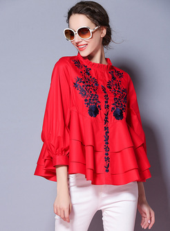 Ethnic Embroidery Lantern Sleeve Pullover Blouse