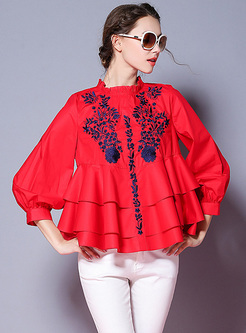 Ethnic Embroidery Lantern Sleeve Pullover Blouse