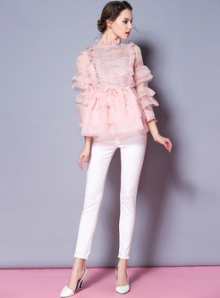 Sweet Puff Sleeve Mesh Embroidery Pullover Blouse