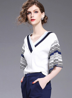 Brief Flare Sleeve Hit Color Stripe Knit T-shirt