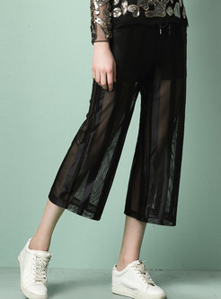 Fashionable Elastic Waist See-through Wide Leg Pants