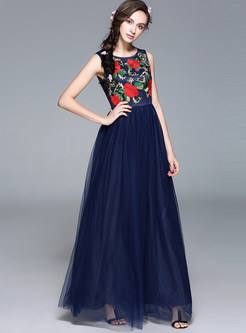 Elegant Sleeveless Embroidery Voile Patchwork Maxi Dress