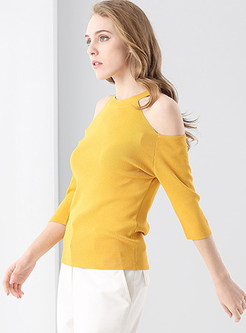 Fashionable Slim Off Shoulder O-neck Knit T-shirt