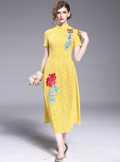 Elegant Flower Embroidery Lace Patched Maxi Dress