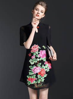 Vintage Loose Flower Print Stand Collar Shift Dress