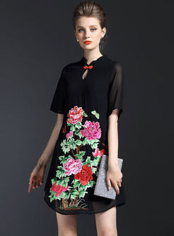 Vintage Loose Flower Print Stand Collar Shift Dress