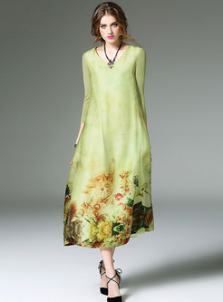 Ethnic Loose V-neck Print Maxi Dress