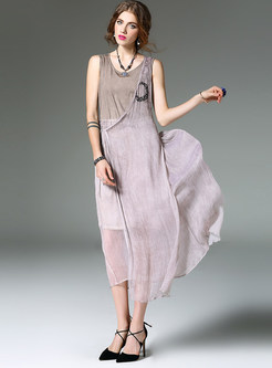 Elegant Sleeveless Print Patchwork Maxi Dress