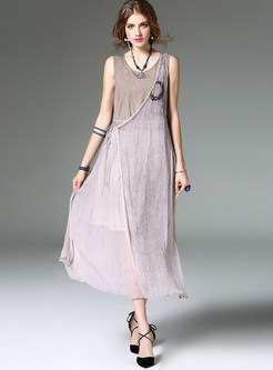 Elegant Sleeveless Print Patchwork Maxi Dress