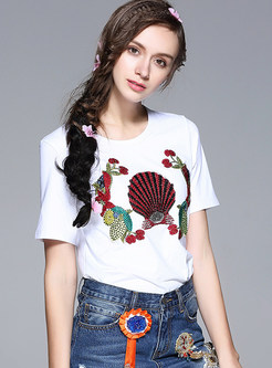Brief Slim Embroidery Short Sleeve T-shirt