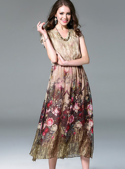 Chic Sleeveless A-line Floral Print Slit Maxi Dress