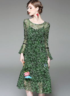 Ethnic O-neck Floral Print Skater Dress