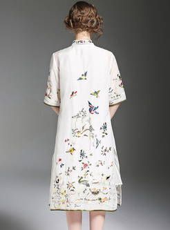 Vintage Stand Collar Floral Embroidery Trench Coat