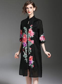 Vintage Flower Embroidery Long Straight Trench Coat
