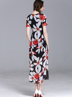 Romantic Print O-neck Short Sleeve Maxi Dress