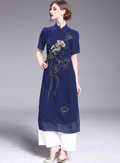Elegant Vintage Embroidery Stand Collar Maxi Dress Without Pants