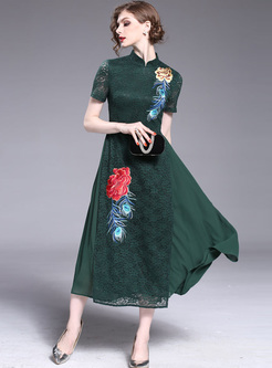 Elegant Flower Embroidery Lace Patched Maxi Dress