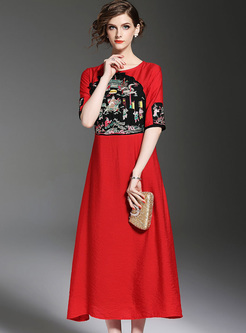 Ethnic Floral Embroidery Waist Maxi Dress