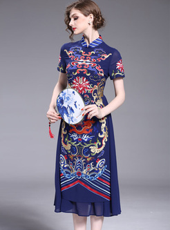 Ethnic Floral Embroidery Asymmetric Patch Skater Dress