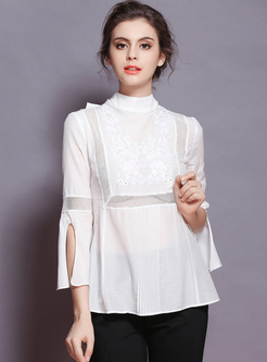 Embroidered Stand Collar Waist Flare Sleeve Blouse