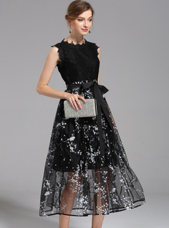 Chic Print Lace Sleeveless Maxi Dress