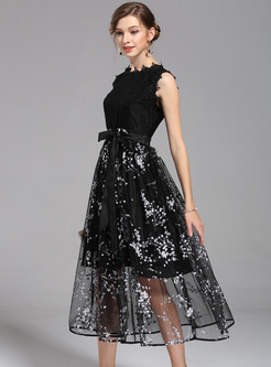 Chic Print Lace Sleeveless Maxi Dress