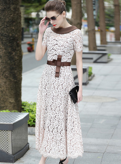 Elegant Lace Color-blocked Waist Maxi Dress
