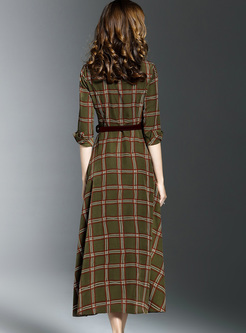 Vintage Plaid Print High Waist Maxi Dress