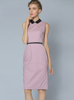 Sweet Pink Lapel Waist Sheath Dress