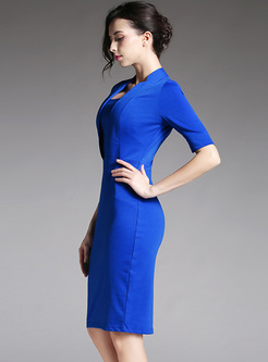 Brief Stand Collar Slim Pure Color Bodycon Dress