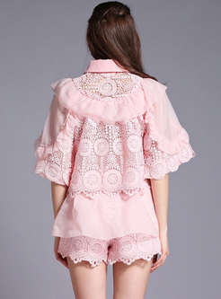 Sweet Pink Falbala Lace Two-piece Outfits