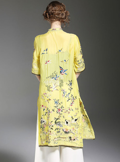 Vintage Stand Collar Floral Embroidery Trench Coat