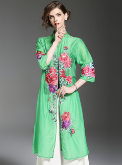 Vintage Flower Embroidery Long Straight Coat