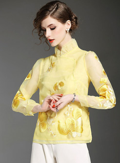 Ethnic Embroidered Stand Collar Long Sleeve Blouse