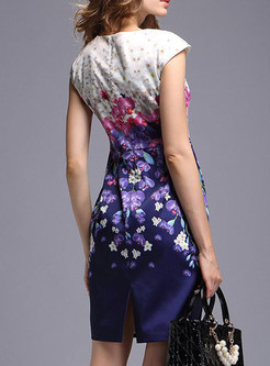 Floral Print O-neck Short Sleeve Bodycon Dress