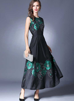 Elegant O-neck Jacquard Sleeveless Maxi Dress