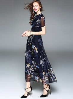 Elegant Stand Collar High Waist Maxi Dress