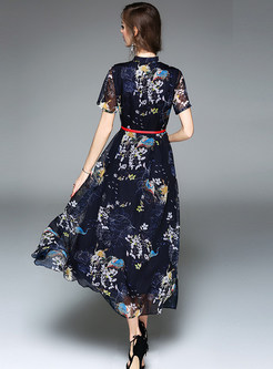 Elegant Stand Collar High Waist Maxi Dress