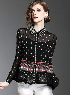 Fashion Embroidery Turn Down Collar Blouse