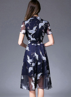 Elegant V-neck Print Waist Skater Dress