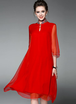 Elegant Stand Collar Pure Color Embroidery Shift Dress