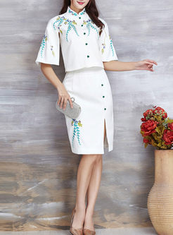 Embroidered Stand Collar Half Sleeve Two-Piece Outfits