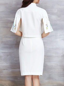 Embroidered Stand Collar Half Sleeve Two-Piece Outfits