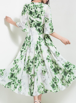 Bohemia Green Print Flare Sleeve Maxi Dress