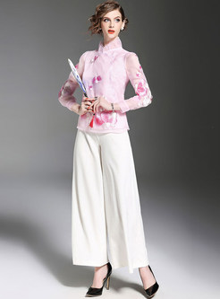Embroidered Stand Collar Long Sleeve Blouse