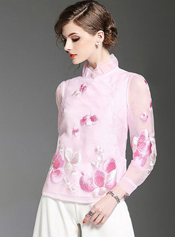 Embroidered Stand Collar Long Sleeve Blouse