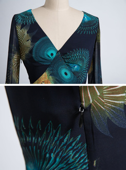 Ethnic Print Waist V-neck Maxi Dress
