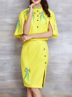 Embroidered Yellow Stand Collar Half Sleeve Two-piece Outfits