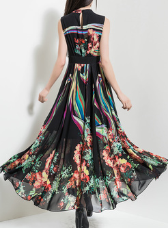 Vintage Floral Print High Waist Maxi Dress