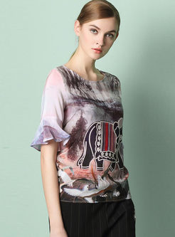 Stylish Print Silk Flare Sleeve T-shirt